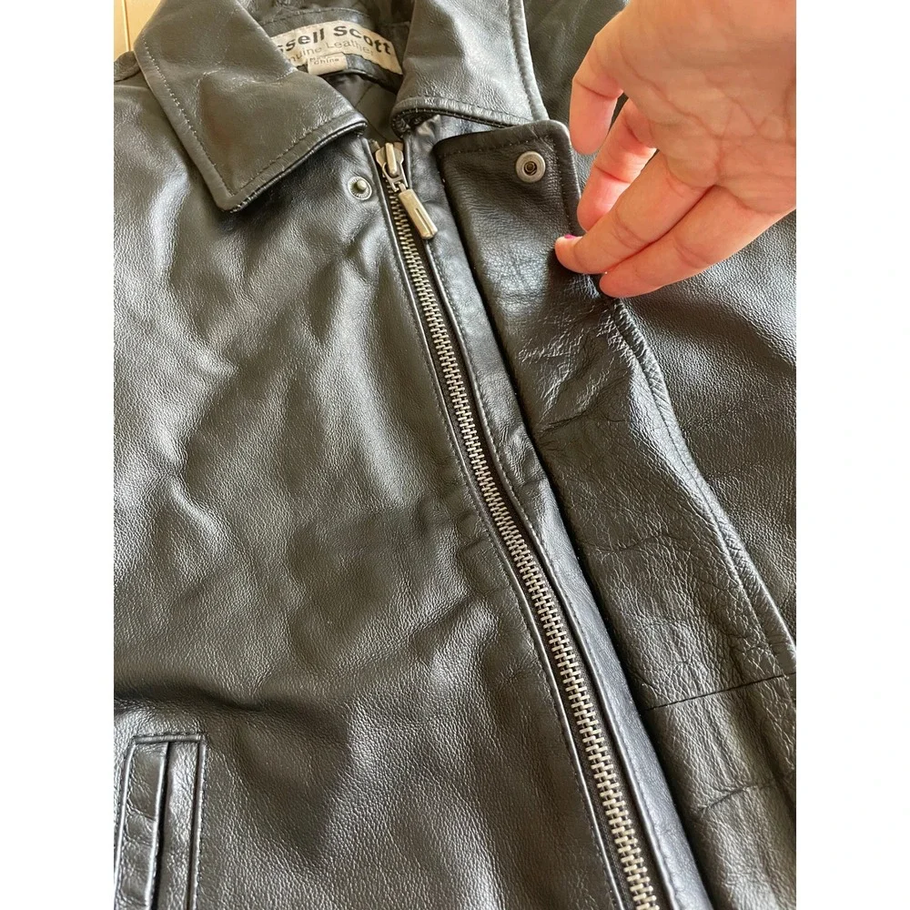 VTG Y2K Kids Russell Scott Black Genuine Leather Bomber Jacket - Size 10/12